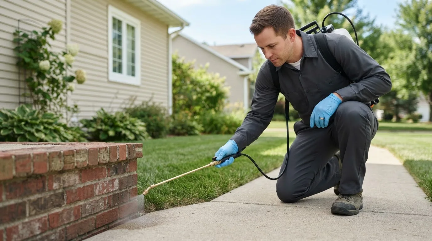 Pest control technician treating a home near Edinburg, ND